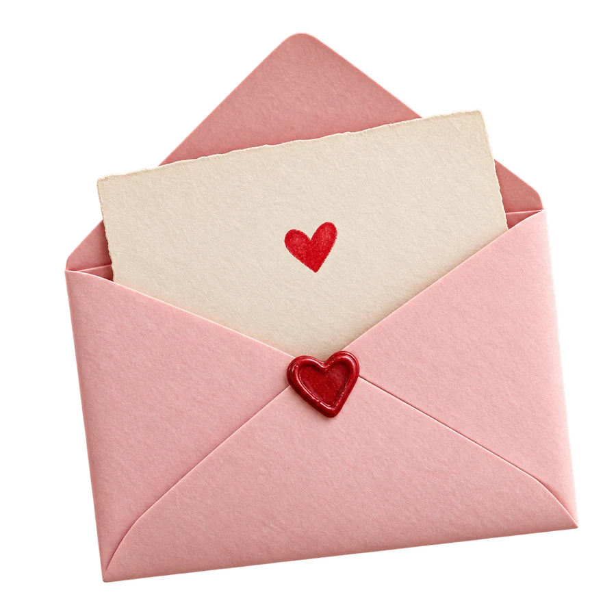A pink envelope holding a little love letter