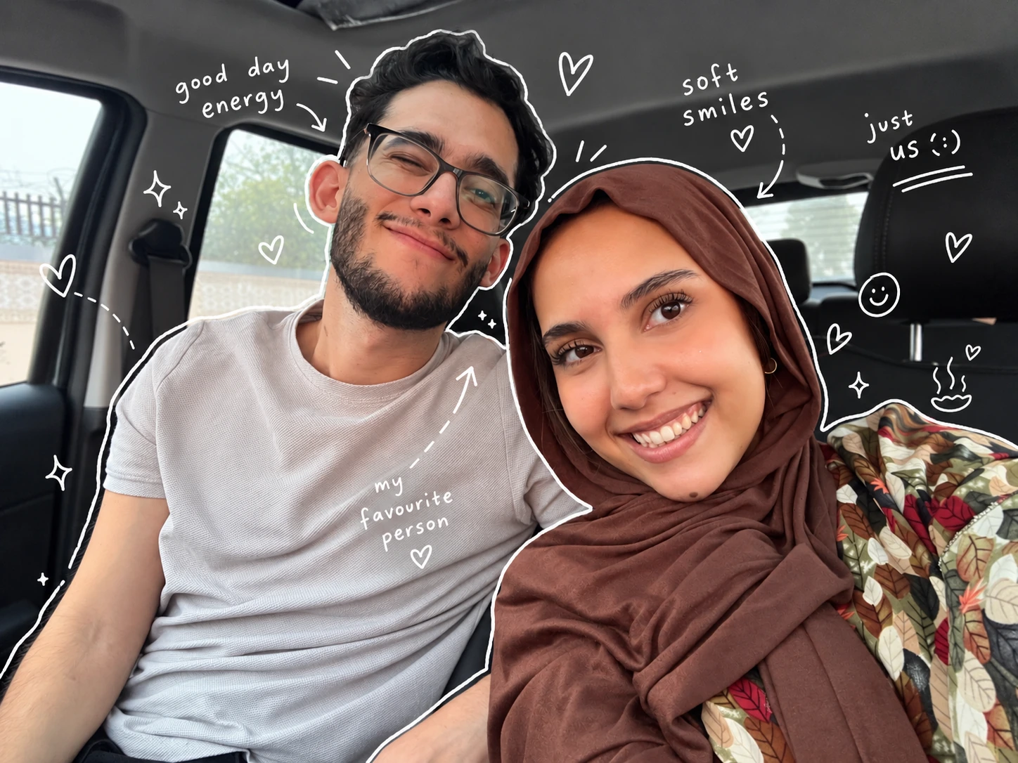 Houssem and Rania together, surrounded by little handwritten hearts